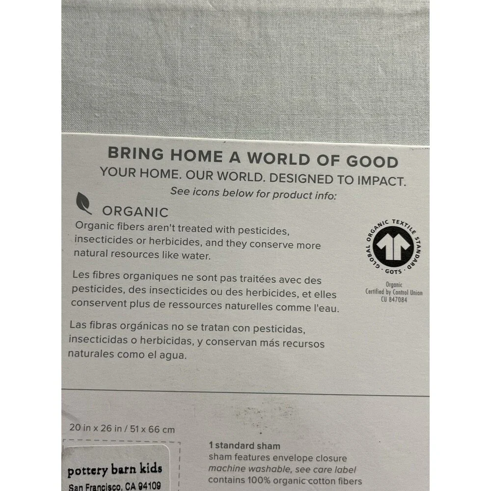 Pottery Barn Organic Standard Pillow Sham White w Navy Blue Ribbon Accent 20x26
